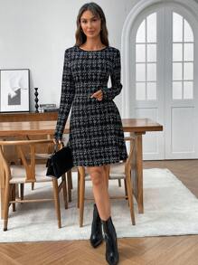 EMERY ROSE 女式格子圆领长袖优雅短款连衣裙 - 黑色 - 查看 3