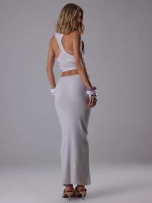 MUSERA Top de punto acanalado con escote bajo y espalda de tirantes, con detalle de botones, y falda maxi acanalada y ajustada con botones, conjunto coordinado elegante para salir de noche, sexy y lindo, ropa de calle, para fiesta de verano - Gris - Ver 4