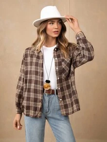 Wildy 格纹印花纽扣衬衫、长袖上衣 - 彩色 - 查看 3