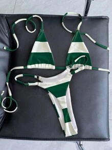 Swim Vcay Red & White Striped Micro-Bikini, Thong Swimsuit, Sexy Style For Summer Beach Vacation - Multicolor - View 1