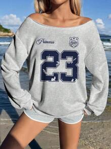 SHEIN EZwear 浅灰色女士不对称肩部23徽章字母印花宽松休闲长袖卫衣，适合秋冬街头风格、Y2K、机场 - 淺灰色 - 查看 7