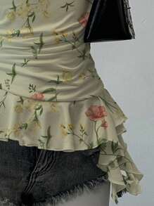 SHEIN EZwear Women's Casual Floral Print Ruffle Hem Tube Top - White - View 4