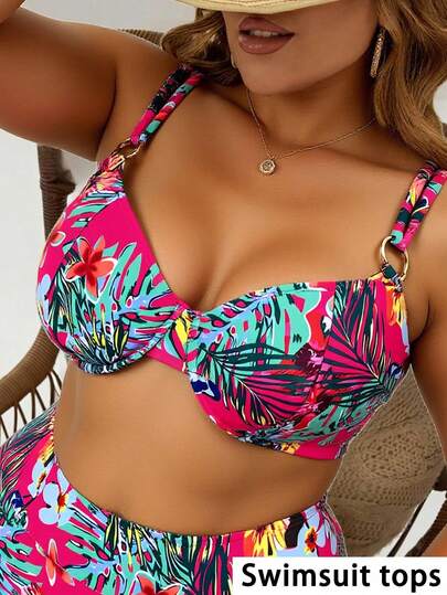 Swim Lushoire Top de traje de baño para mujer de talla grande, de colores múltiples, estampado, sin alambre, con tirantes ajustables, decoración de anillo metálico, sexy, elegante, casual, para playa y vacaciones
