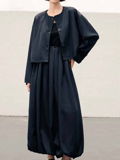  Fall Women Clothes Uhlyne Navy Blue Women's 2 Pieces Set, Woven Button Handmade Black Rose Pearl Trim Short Jacket And Balloon Skirt, Minimalist Elegant Commuter Comfortable Outfit, Business Casual, Office, Church Wear Minimalist Clothes Women Co-Ords Sets Women Modest Sets For Women Casual Outfits Spring