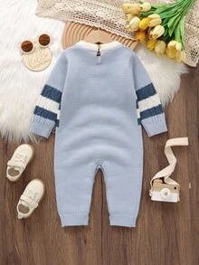 SHEIN 婴儿条纹和扭纹针织连体衣，经典圆领长袖连体衣，新生儿简约时尚连体衣 - 藍色 - 查看 2