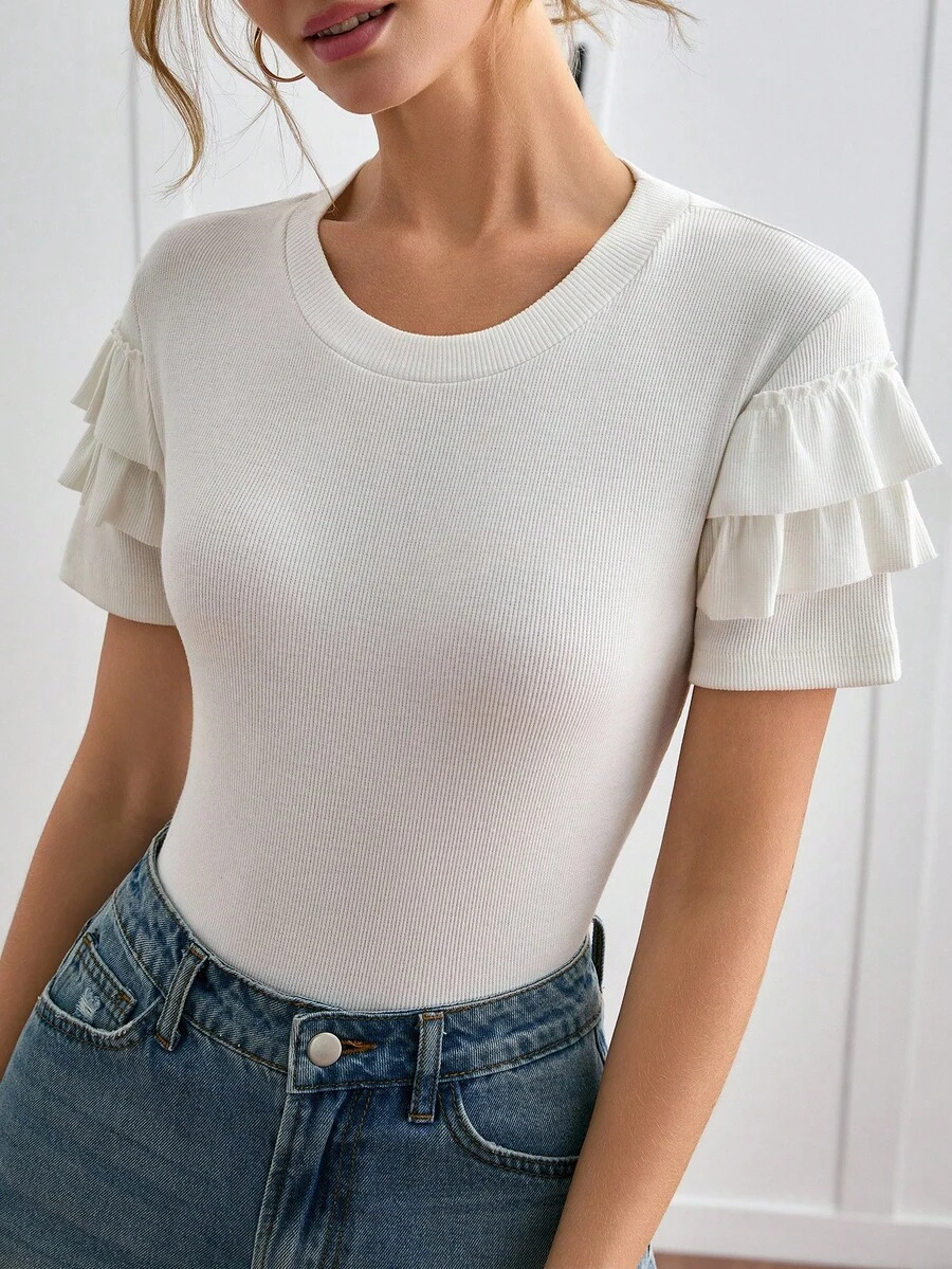 SHEIN Tall Women Solid Ruffle Detailed Short Sleeve Rib Tshirt - White - View 1