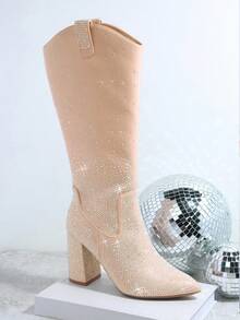 SHUZIA 水鑽裝飾粗跟靴子 - 杏色 - 查看 5