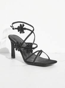 SHUZIA Square Toeflower Thin Strippy High Heel - Black - View 4