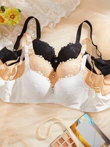 SHEIN 3 peças/Conjunto Sutiã Acolchoado Sem Fio com Renda e Recortes Sexy, Roupa Íntima Casual Confortável para Mulheres
