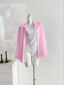 INAWLY Women's Plus Size Simple Casual Solid Color Front Button Long Sleeve Shirt - Pink - View 6