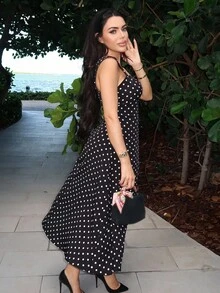 Durrani Popal 胸部褶皺高衩波卡圓點洋裝