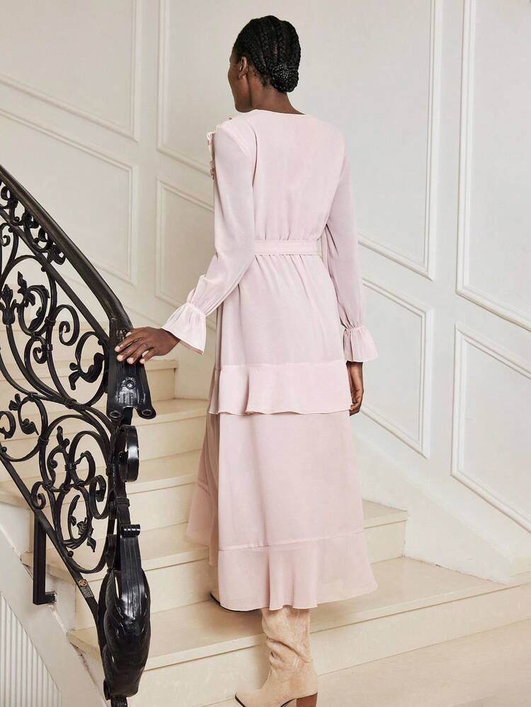 SHEIN Maija Women's Solid Color Minimalist Everyday Ruffle Hem Long Sleeve Midi Dress Fall Clothes For Women Fall Dresses For Women Christmas Women's Clothing