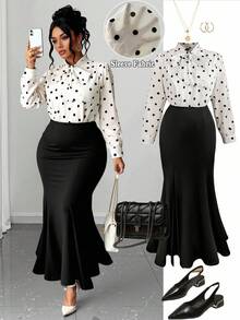 SHEIN Clasi Plus Size Women's Polka Dot Tie Bow Splice Solid Color Split Fishtail Maxi Elegant Dress Fall Cloth For Women - Black - View 6
