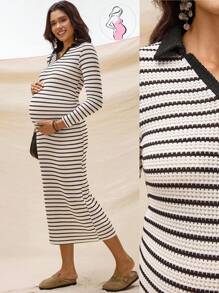 Boho Mama Schwangeren Frauen Lässig Pendler V-Ausschnitt Langarm gestreiftes Bodycon Kleid, Frühling/Herbst - Aprikosenfarben - Übersicht 1