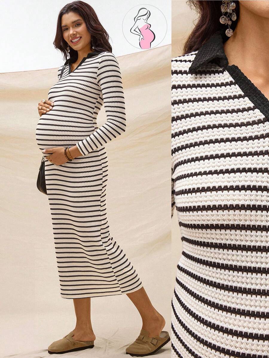Boho Mama Schwangeren Frauen Lässig Pendler V-Ausschnitt Langarm gestreiftes Bodycon Kleid, Frühling/Herbst - Aprikosenfarben - Übersicht 1