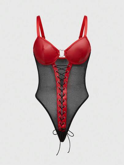 Grunge Punk بدلة جسم مثيرة مزودة بحزام معدني على شكل قلب من قماش البو