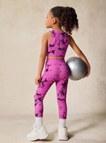 SHEIN 2pcs/Set Girls' Tie-Dye Print Camisole And Leggings Yoga Outfit, Matching Sets, Back To School - Purple - View 3