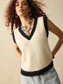 SoleilVie Áo len cổ chữ V màu tương phản dáng rộng thoải mái cho nữ, mùa thu/đông - Màu be - Xem 1