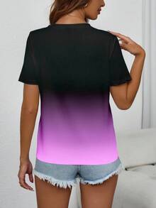 EMERY ROSE Plus Size Women's Ombre Color Round Neck Casual Short Sleeve T-Shirt, Loose Fit Versatile Top, Women's Letter & Graphic Print Minimalist T-Shirt