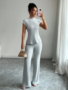 Elenzga 女式夏季纯色中式立领短袖罗纹 T 恤和裤子休闲优雅两件套 - 灰色 - 查看 6