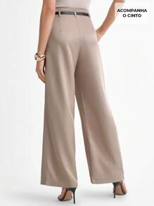 Solid Wide Leg Jeans Without Belt - Khaki - View 2