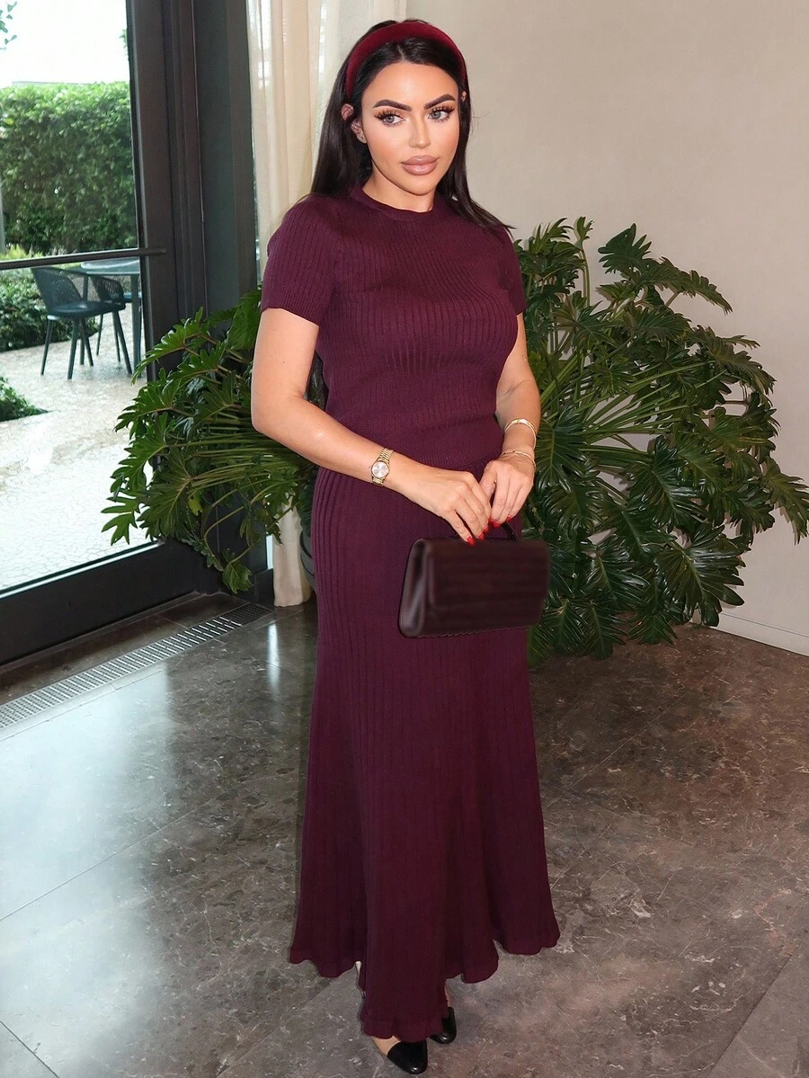 Durrani Popal 2pcs Women Solid Color Scoop Neck Short Sleeve Top And Elegant Knit Skirt Set 2 Pieces Set - Purple - View 1