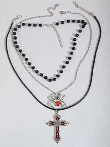 ROMWE 3pcs Gothic Style Rhinestone Spider, Faux Pearl, Red Cross Necklace Set - Red - View 4