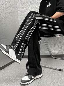 Claim Dot Pantalones casuales de pana de pierna recta para hombres con diseño de doble raya, estilo retro americano adecuado para uso diario, cierre con botón, para otoño - Negro - Ver 1