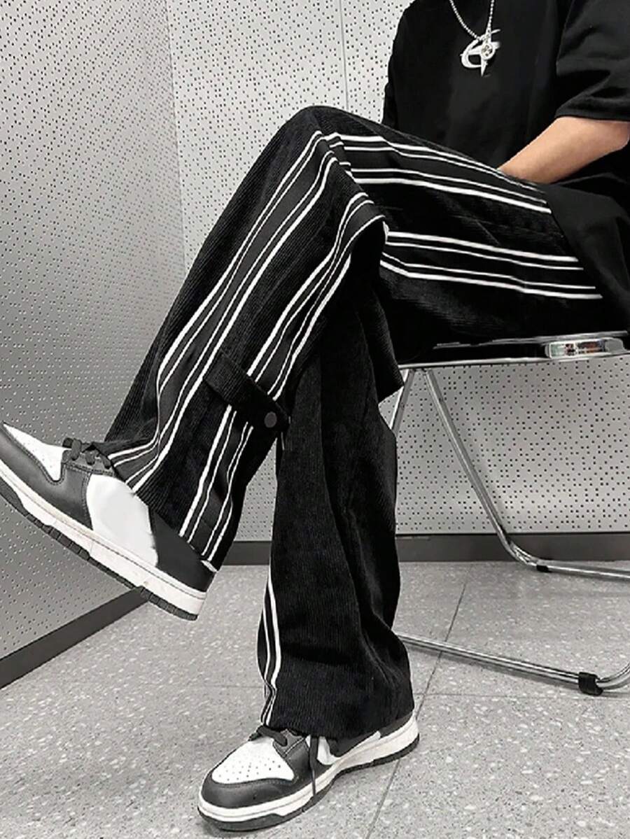 Claim Dot Pantalones casuales de pana de pierna recta para hombres con diseño de doble raya, estilo retro americano adecuado para uso diario, cierre con botón, para otoño - Negro - Ver 1