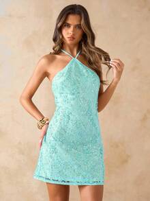 SHEIN BAE 纯色纹理亮片细肩带迷你露背连衣裙，度假海滩吊带裙花卉印花串珠亮片连衣裙露背粉色连衣裙 - 薄荷綠 - 查看 6