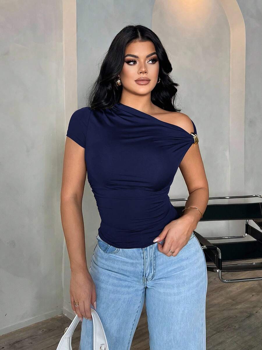 SHEIN SXY Women's Sexy Elegant Minimalist Brown Asymmetric Cold Shoulder Casual Versatile Blouse One Shoulder Top Dark Blue Top One Sleeve Top - Navy Blue - View 1