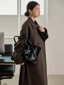 DAZY Women's Loose Business Casual Elegant Stand Collar Brown Cinched Waist Overcoat, Suitable For New Year, Christmas, Autumn/Winter - Chocolate Brown - View 11