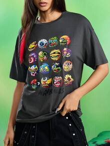 MADBALLS X SHEIN 女式眼球图案圆领休闲短袖T恤 - 深灰色 - 查看 4