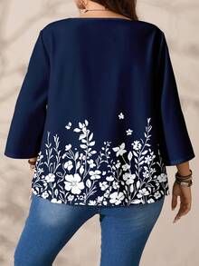 EMERY ROSE Damen Große Größen Bluse mit Blume Muster und 3/4 Ärmeln, locker geschnitten, geeignet für Frühling/Sommer, schicke Blusen für Damen in Große Größen, Tops in Große Größen, lässige Tops in Große Größen