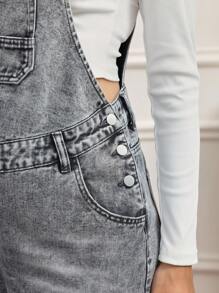 SHEIN 孕妇休闲水洗口袋直筒牛仔背带裤 - 深色水洗藍 - 查看 3