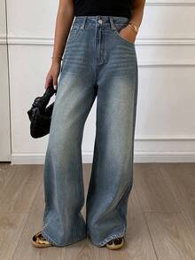 Livesso 女士宽松休闲直筒牛仔裤，秋冬新品 - 藍色 - 查看 5