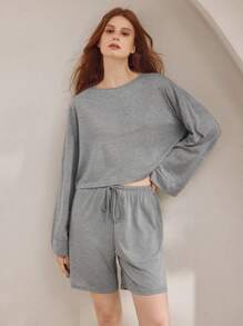 Ocili 2 Peças Conjunto de Pijama Feminino com Top de Manga Longa de Gola Redonda e Calça, Feito de Fibra de Bambu Macia e Elástica, Roupas de Outono