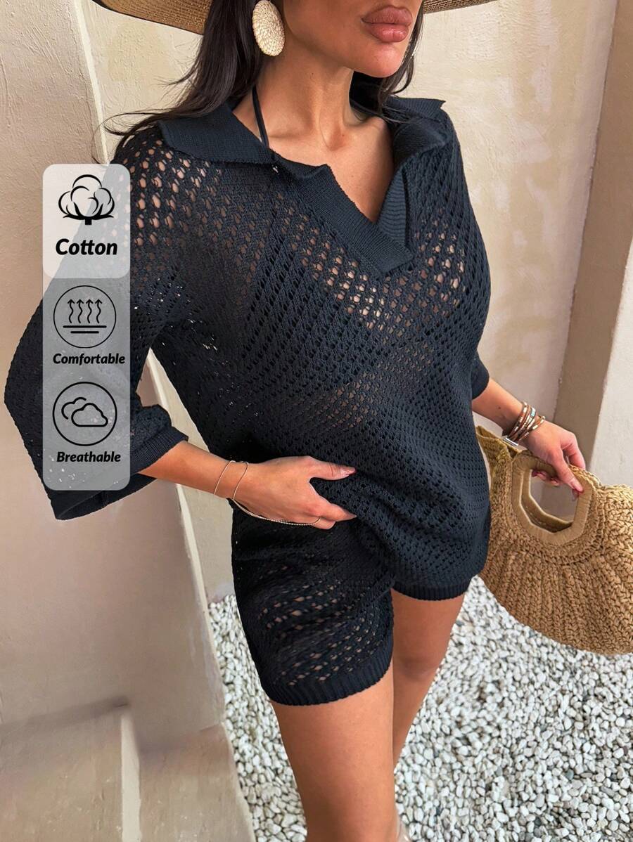 EURMUSE Casual Oversized Mesh Knit Top With Polo Collar - Perfect For Layering In Black Set With Shorts - Black - View 1