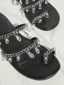 SHUZIA Black Color & Women's Thong Flat Sandals With Crystal Bead Chain - Black - View 5