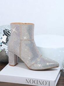 SHUZIA Bestseller Women's Luxury Rhinestone Champagne Chunky Heel Short Point-Toe Boots:Eye-Catching Luxury,Mysterious Elegance, Holiday Party Essential - Champagne - View 4