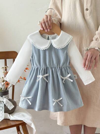 SHEIN Toddler Girls' Color Block Bow Decor Peter Pan Collar Long Sleeve Dress Baby Girl Long Sleeve Dress Dusty Blue Baby Girl Dress Baby Girl Corduroy Dress Baby Girl Pinafore Dress Collared Baby Girl Dress