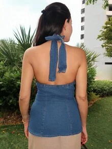 Durrani Popal 女士性感紧身牛仔挂脖上衣，蓝色