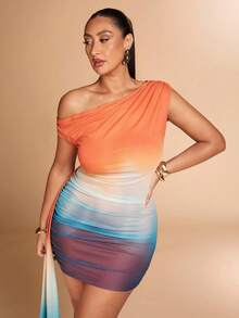 SHEIN BAE 大码女式春夏度假海滩优雅露肩绿色渐变丝带迷你连衣裙，女士夏季服装，女士度假服装，女士婚礼宾客礼服，女士优雅连衣裙，女士音乐会服装，女士毕业礼服，女士早午餐服装 - 橘色 - 查看 3