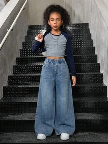 SHEIN Tween女孩Y2K休閒舒適彈性腰低腰寬腿牛仔褲，寬鬆舒適牛仔褲，適合秋冬季、返校季、返校舞會，商務休閒女孩風格，街頭龐克風，寬鬆牛仔褲，Y2K Tween女孩 - 中等水洗藍 - 查看 7