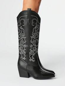 ROMWE Fairycore 2025 Herbst/Winter Neue Spitze Zehen Plateau Absatz Stiefel mit Stickerei Details, Outdoor Mode Leder Overknee Stiefel