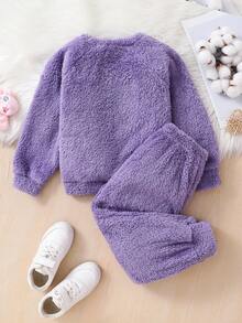 SHEIN 2 件套年轻女孩秋季双面羊毛运动衫和裤子套装，适合日常休闲穿着