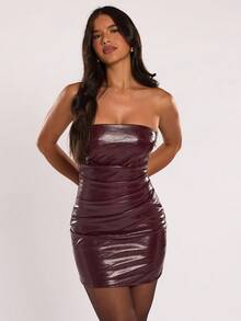 SHEIN BAE Women's Solid Color Bandeau Mini Dress, Summer Fashion - Burgundy - View 3