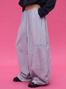 COUREZ 中号灯笼裤亚麻条纹长裤/Y2K 街头时尚女式夏季服装夏季下装度假复古