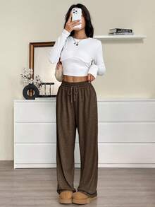 SHEIN EZwear 大码棕色抽绳腰休闲宽松运动裤