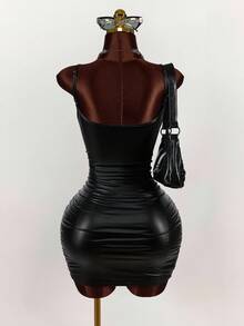 Amplova 女式简约纯色日常黑色 PU 侧开衩吊带裙 - 黑色 - 查看 7